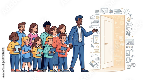 Teacher Leading a Group of Students to Classroom