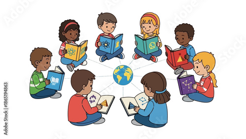 Diverse Children Sitting in a Circle Reading Books Around a Globe