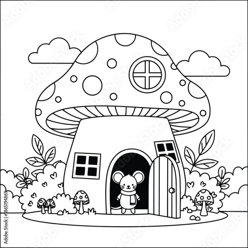 A cartoon mouse stands in the doorway of a mushroom house surrounded by plants and flowers in a whimsical landscape