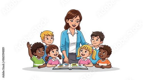 Happy Teacher Standing Behind Students in Classroom