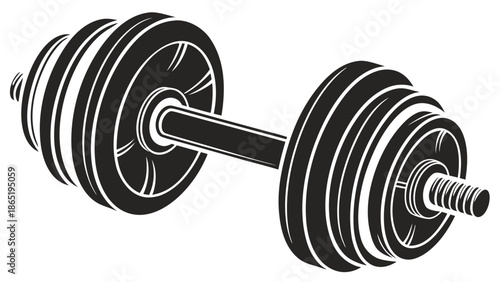 A striking black and white illustration depicts a classic barbell weightlifting tool a powerful silhouette