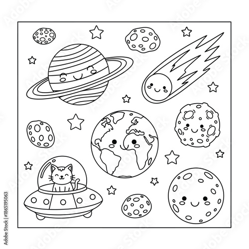 A cat in a spaceship flies past planets and stars in outer space