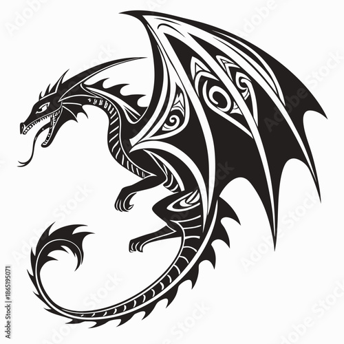 Intricate black and white tribal dragon design with swirling patterns and sharp claws a striking silhouette