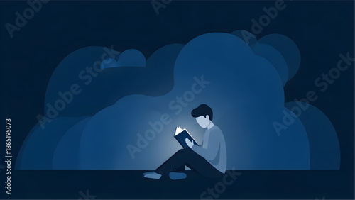 Man sitting on floor reading book under glowing blue cloud