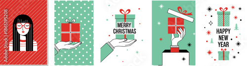 Set of four minimalist Christmas greeting card templates, modern boho holiday illustrations with gold ornaments, shooting stars, botanical leaves, and geometric shapes,