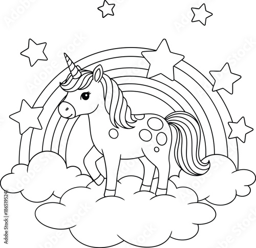 A majestic unicorn standing on clouds with a rainbow and stars in the background illustration