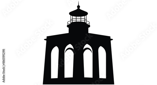 A striking black silhouette of a classic lighthouse with arched windows against a plain white background silhouette
