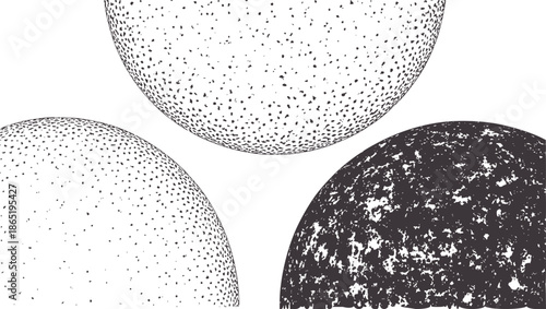 Three overlapping halftone gradient spheres in black and monochrome style