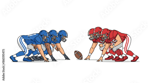 Intense American football scene depicting two opposing teams, one in blue and one in red, lined up at the line of scrimmage with the ball.