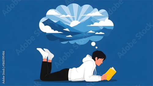 Relaxed young man daydreaming about serene mountain landscape while reading