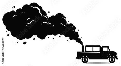 A stark depiction of a vehicle emitting dense black smoke rendered as a striking silhouette