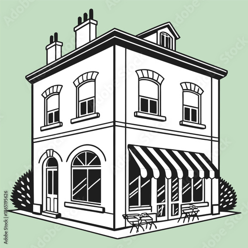 A detailed illustration of a classic two story house with architectural features presented as a silhouette