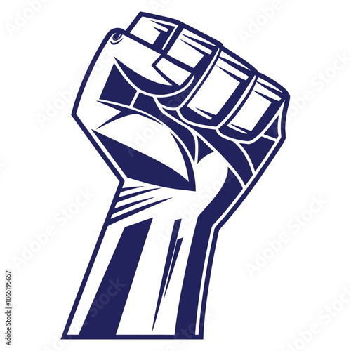 A powerful dark blue clenched fist illustration conveys strength and resistance presented as a striking silhouette