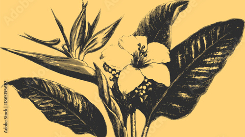 Botanical flower sketch with detailed black and white leaves. Vector illustration featuring floral elements and nature aesthetics.