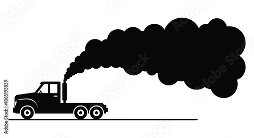 A stark black silhouette of an old truck emitting a large plume of dark smoke representing pollution
