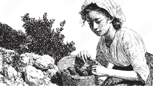 Girl harvesting crops with a basket. Vintage black and white vector illustration depicting a rural agriculture scene.