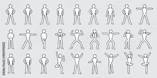 A series of simple stick figure illustrations demonstrating various human poses