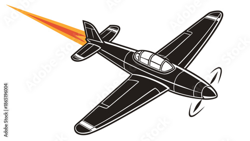 A dramatic illustration of a vintage world war two fighter plane streaking across the sky silhouette