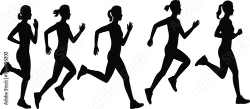 Horizontal Black Silhouette of Five Diverse Women Running or Jogging in Motion, Representing Fitness, Health, Marathon Training, and Determination.