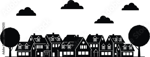 Horizontal black silhouette of a suburban residential neighborhood with houses trees and clouds isolated on white background for real estate design