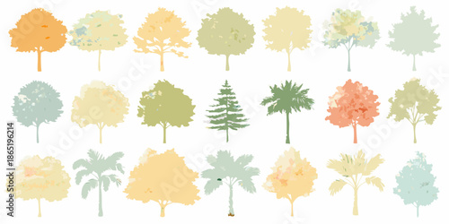A colorful collection of diverse tree shapes and foliage on a white background
