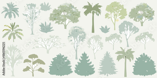 A collection of stylized trees in varying shades of green and gray
