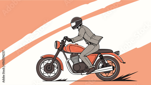 A stylishly dressed man rides a classic motorcycle depicted in a striking minimalist silhouette high quality