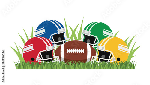 Colorful display of an American football nestled in green grass, surrounded by five vibrant helmets in red, blue, green, yellow, and white.