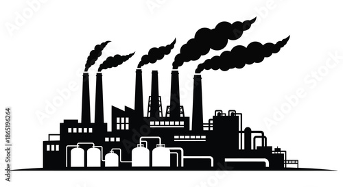A stark depiction of industrial facilities emitting smoke showcasing a powerful and dramatic silhouette