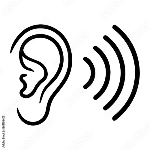 Minimal hearing icon with sound waves, ear listening symbol for accessibility, audio awareness, communication, and volume control