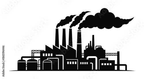 A stark depiction of industrial pollution with factory smokestacks emitting dark smoke presented as a silhouette