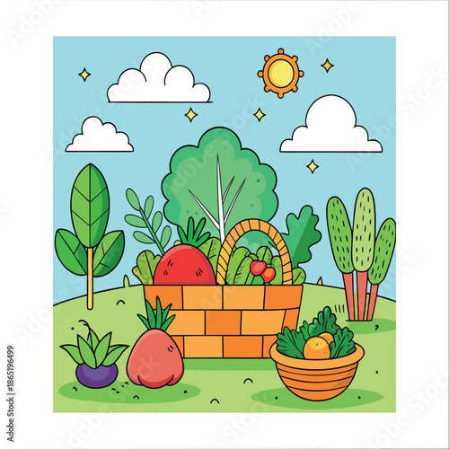 Basket filled with freshly picked seasonal vegetables in the garden with gardening