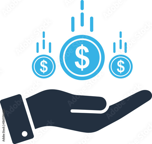 Human Hand Catching Falling Dollar Coins Icon for Financial Investment Success Wealth Management Revenue Growth Return on Investment and Business Savings Concept