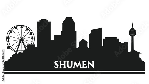 a striking black cityscape of shumen bulgaria features a ferris wheel and prominent buildings silhouette