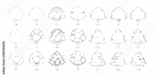Collection of stylized tree crown outlines in varying shapes and densities