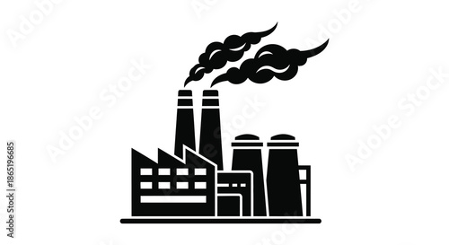A stark depiction of industrial buildings with smoke billowing from chimneys presented as a silhouette