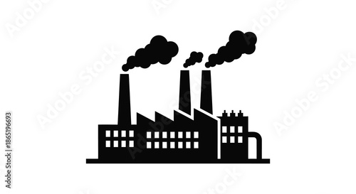 A stark depiction of industrial buildings with multiple smokestacks emitting dark smoke presented as a silhouette