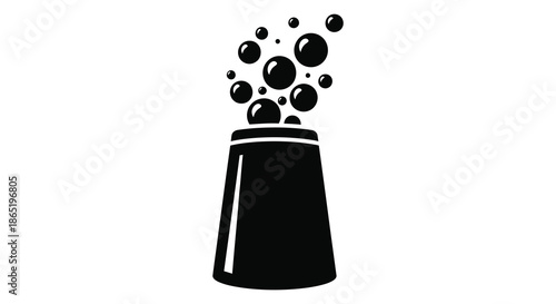 A striking black silhouette of a vessel overflowing with numerous buoyant bubbles creating a dynamic visual