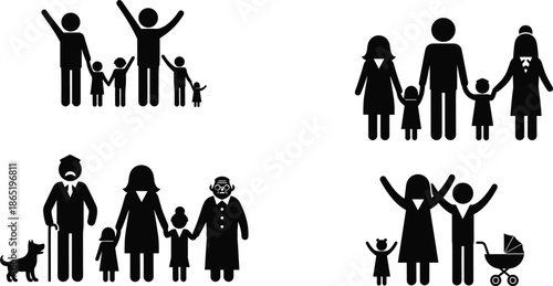 Joyful Family and Generational Diversity Stick Figures Set Illustrating Relationships, Happiness, Childhood, Grandparents, and Parenting Concepts for Stock Design