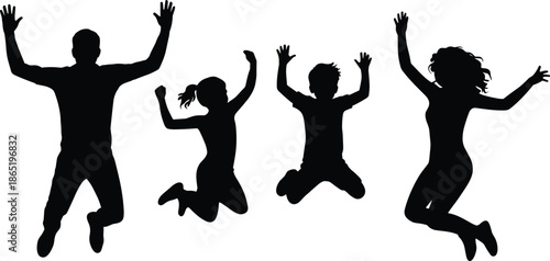 Joyful Family of Four Silhouette Jumping High Illustration Representing Freedom, Fun, Healthy Lifestyle, Happiness, Bonding, and Celebrating Life Concepts Vector