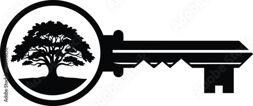 Key with a Silhouette of a Large Spreading Tree in the Round Head, Symbolizing Real Estate, Legacy, Growth, Security, or Environmental Access.