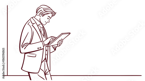 A businessman in a suit intently looking at a tablet device a refined artistic silhouette