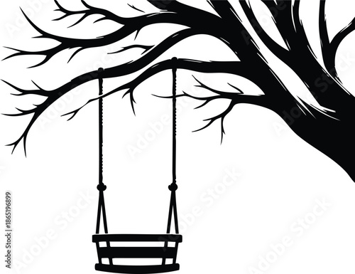 Empty wooden swing hanging from a large spreading tree silhouette illustration on a white background