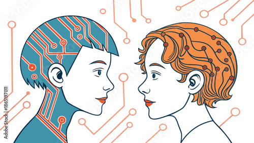 Two faces with intricate circuit patterns representing connection and future technology presented in a striking silhouette