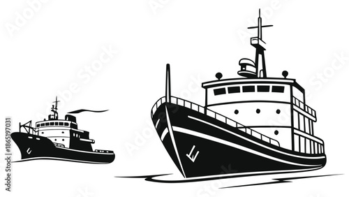A striking black and white illustration depicts two robust vessels navigating the water a captivating silhouette