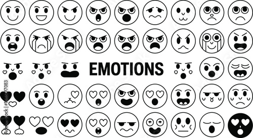 Large Collection of Line Art Emoticons and Face Icons Displaying a Wide Range of Human Emotions, Feelings, and Reactions, Vector Set