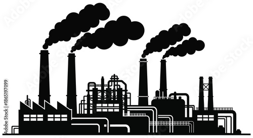 An industrial landscape with factory smokestacks emitting dark plumes of smoke a striking silhouette