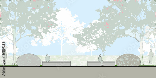 Minimalist park landscape with trees benches and spherical sculptures in soft tones