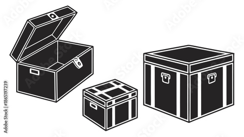 A collection of vintage trunks in varying sizes presented in a striking black and white silhouette