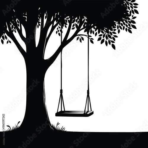 Silhouette of a tree with a swing representing childhood nature and simple outdoor recreation isolated isolated on white background